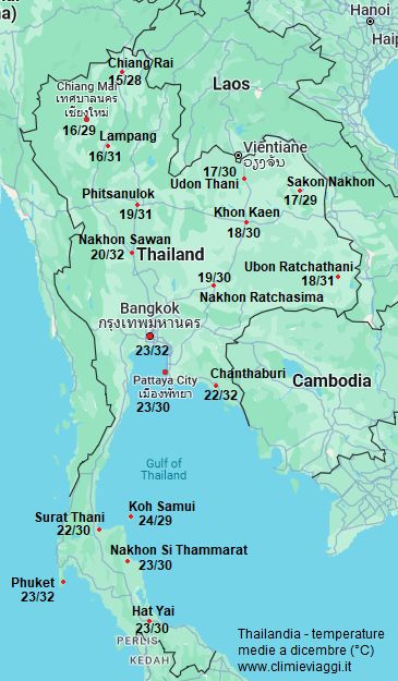 Thailandia - mappa con le temperature medie a dicembre (minime e massime)