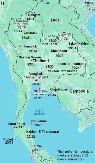 Thailandia - mappa con le temperature medie a febbraio (minime e massime)