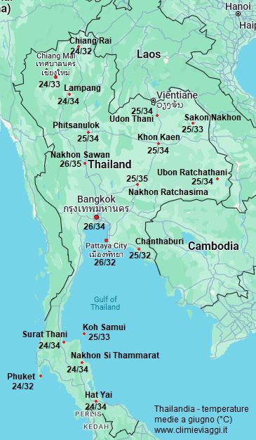 Thailandia - mappa con le temperature medie a giugno (minime e massime)