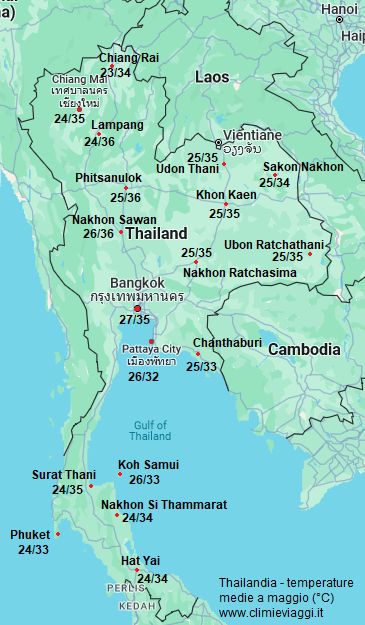 Thailandia - mappa con le temperature medie a maggio (minime e massime)