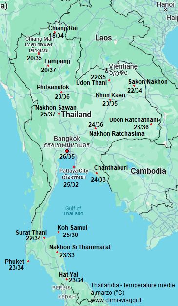 Thailandia - mappa con le temperature medie a marzo (minime e massime)