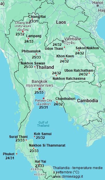 Thailandia - mappa con le temperature medie a settembre (minime e massime)