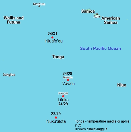 Tonga - mappa con le temperature medie a aprile