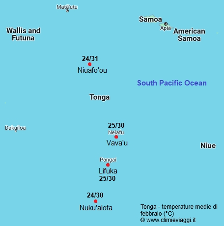 Tonga - mappa con le temperature medie a febbraio