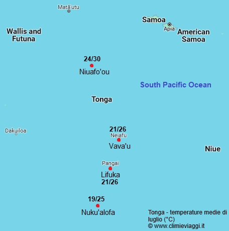 Tonga - mappa con le temperature medie a luglio