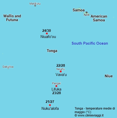 Tonga - mappa con le temperature medie a maggio