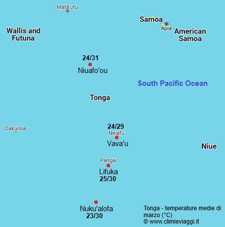 Tonga - mappa con le temperature medie a marzo