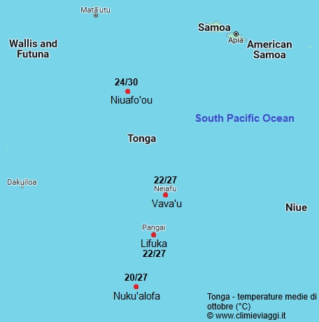 Tonga - mappa con le temperature medie a ottobre