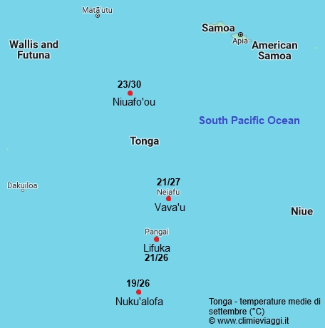 Tonga - mappa con le temperature medie a settembre