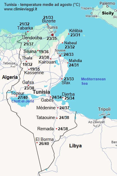 Tunisia - mappa con le temperature medie a agosto