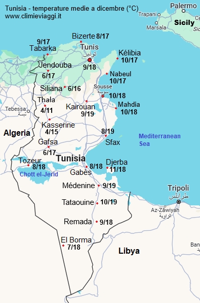 Tunisia - mappa con le temperature medie a dicembre