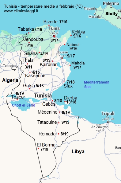 Tunisia - mappa con le temperature medie a febbraio