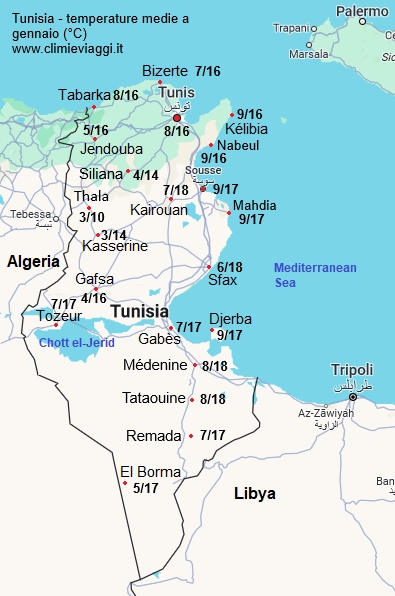 Tunisia - mappa con le temperature medie a gennaio
