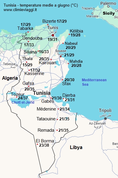 Tunisia - mappa con le temperature medie a giugno