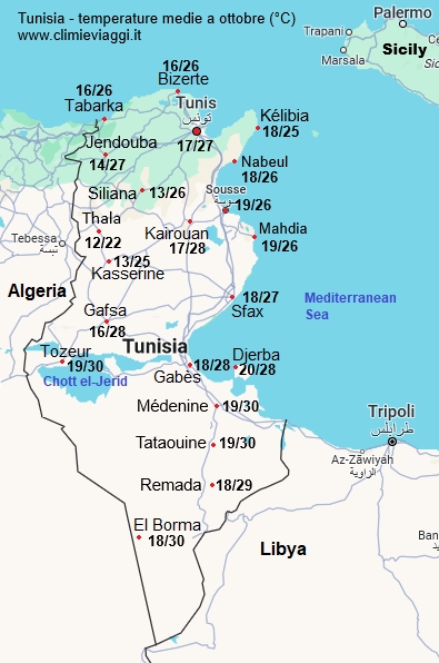 Tunisia - mappa con le temperature medie a ottobre