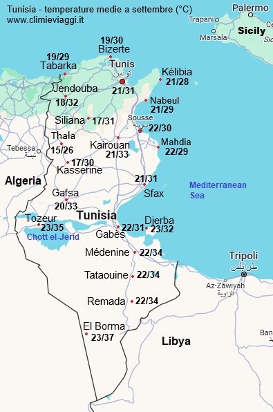 Tunisia - mappa con le temperature medie a settembre