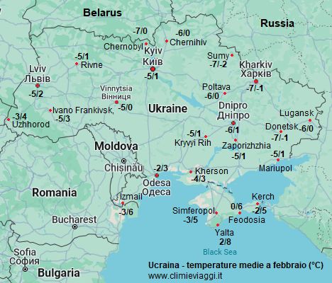 Ucraina - mappa con le temperature medie a febbraio (minime e massime)