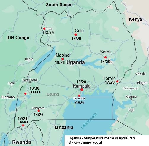 Uganda - mappa con le temperature medie a aprile