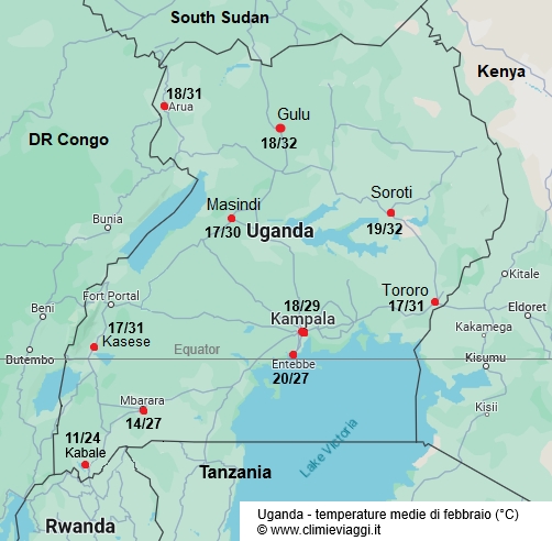 Uganda - mappa con le temperature medie a febbraio