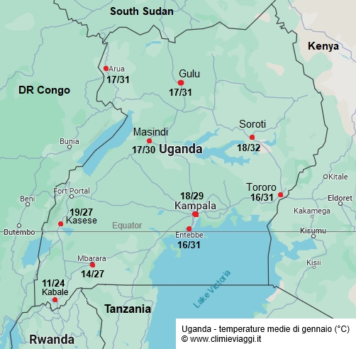 Uganda - mappa con le temperature medie a gennaio