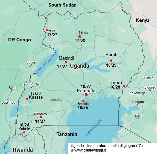 Uganda - mappa con le temperature medie a giugno