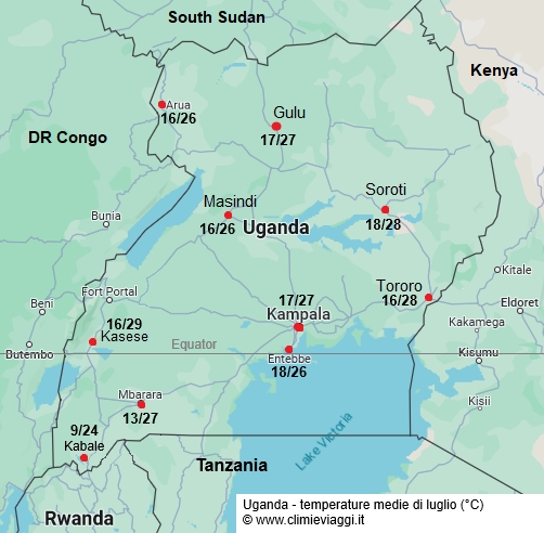 Uganda - mappa con le temperature medie a luglio
