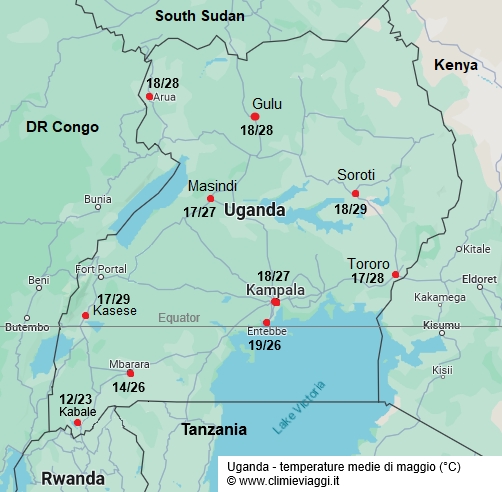 Uganda - mappa con le temperature medie a maggio