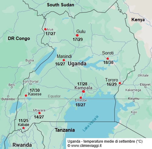 Uganda - mappa con le temperature medie a settembre