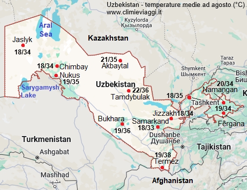 Uzbekistan - mappa con le temperature medie a agosto