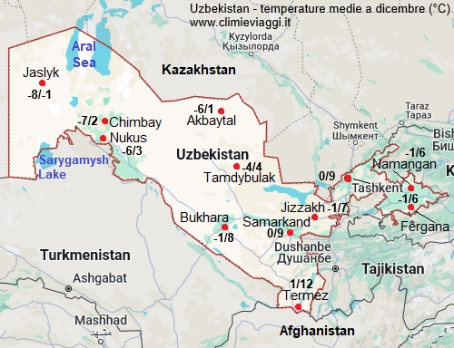 Uzbekistan - mappa con le temperature medie a dicembre