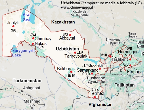 Uzbekistan - mappa con le temperature medie a febbraio