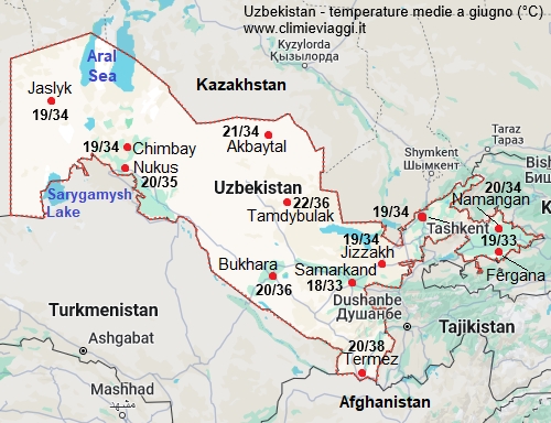 Uzbekistan - mappa con le temperature medie a giugno