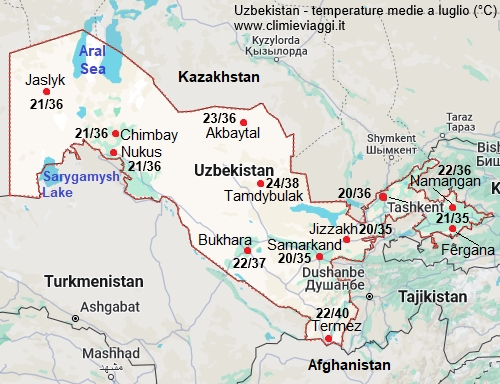 Uzbekistan - mappa con le temperature medie a luglio