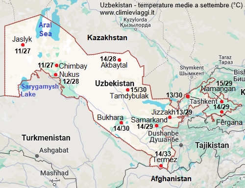 Uzbekistan - mappa con le temperature medie a settembre