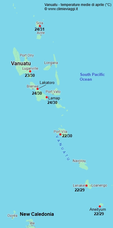 Vanuatu - mappa con le temperature medie a aprile