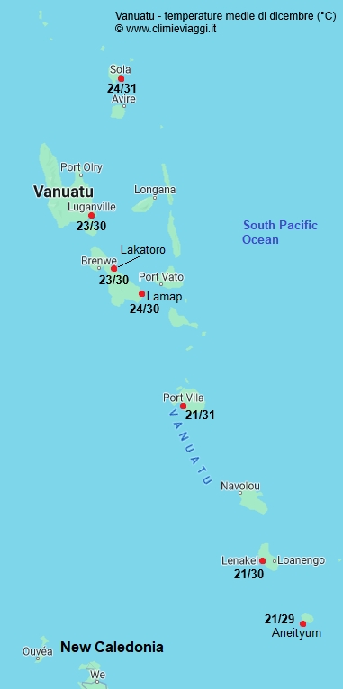 Vanuatu - mappa con le temperature medie a dicembre