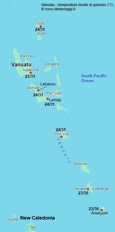 Vanuatu - mappa con le temperature medie a gennaio