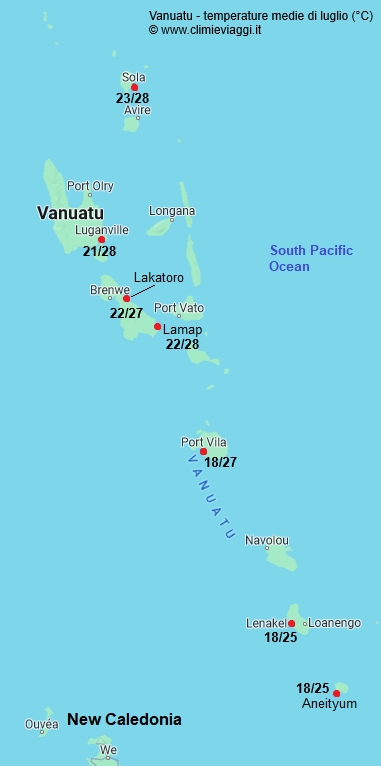 Vanuatu - mappa con le temperature medie a luglio