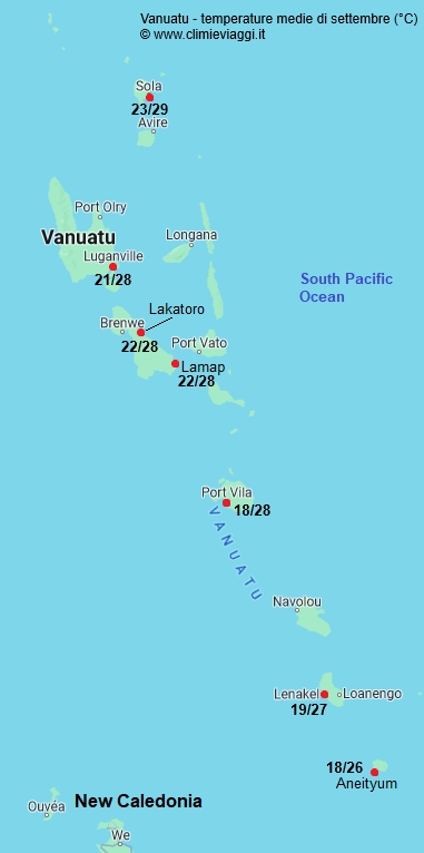 Vanuatu - mappa con le temperature medie a settembre