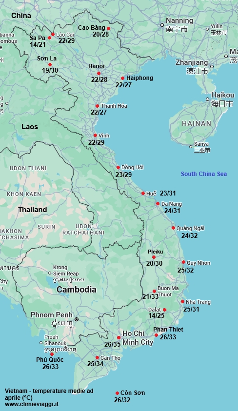 Vietnam - mappa con le temperature medie a aprile
