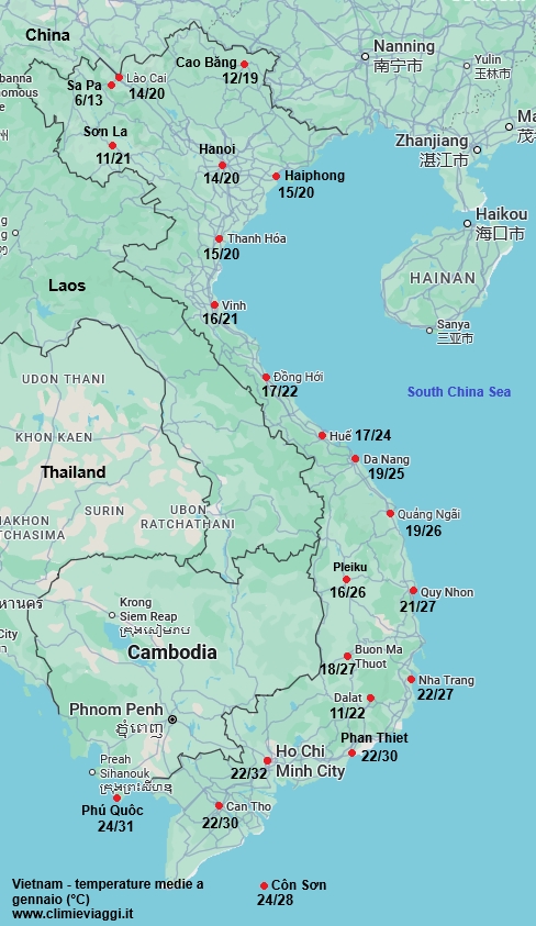 Vietnam - mappa con le temperature medie a gennaio