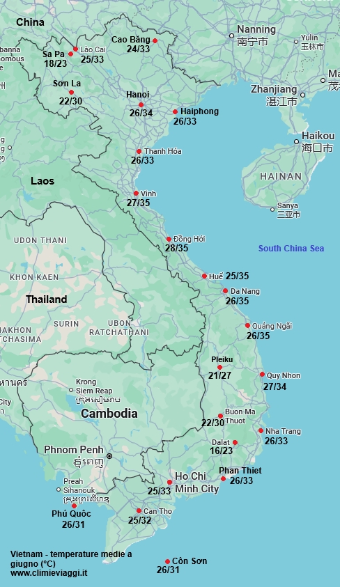 Vietnam - mappa con le temperature medie a giugno