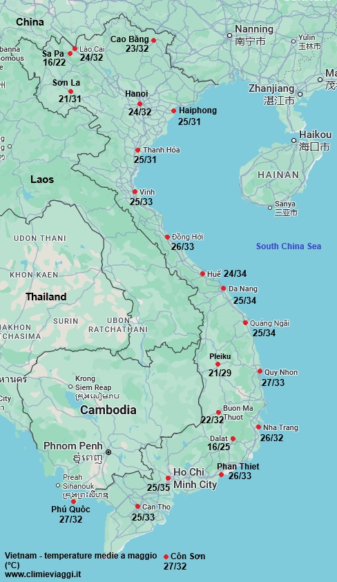 Vietnam - mappa con le temperature medie a maggio