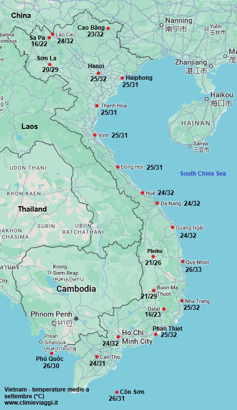 Vietnam - mappa con le temperature medie a settembre