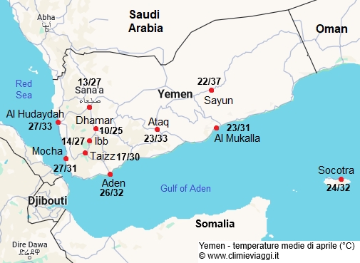 Yemen - mappa con le temperature medie a aprile