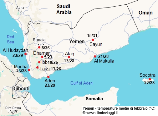Yemen - mappa con le temperature medie a febbraio