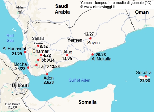 Yemen - mappa con le temperature medie a gennaio