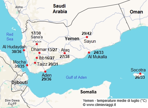 Yemen - mappa con le temperature medie a luglio