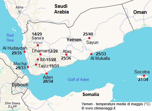 Yemen - mappa con le temperature medie a maggio