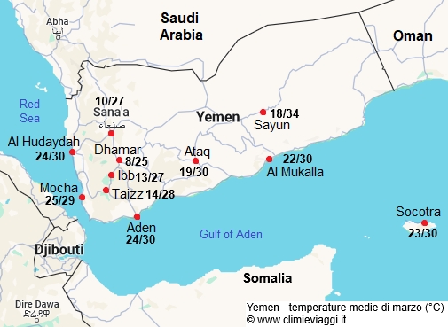 Yemen - mappa con le temperature medie a marzo